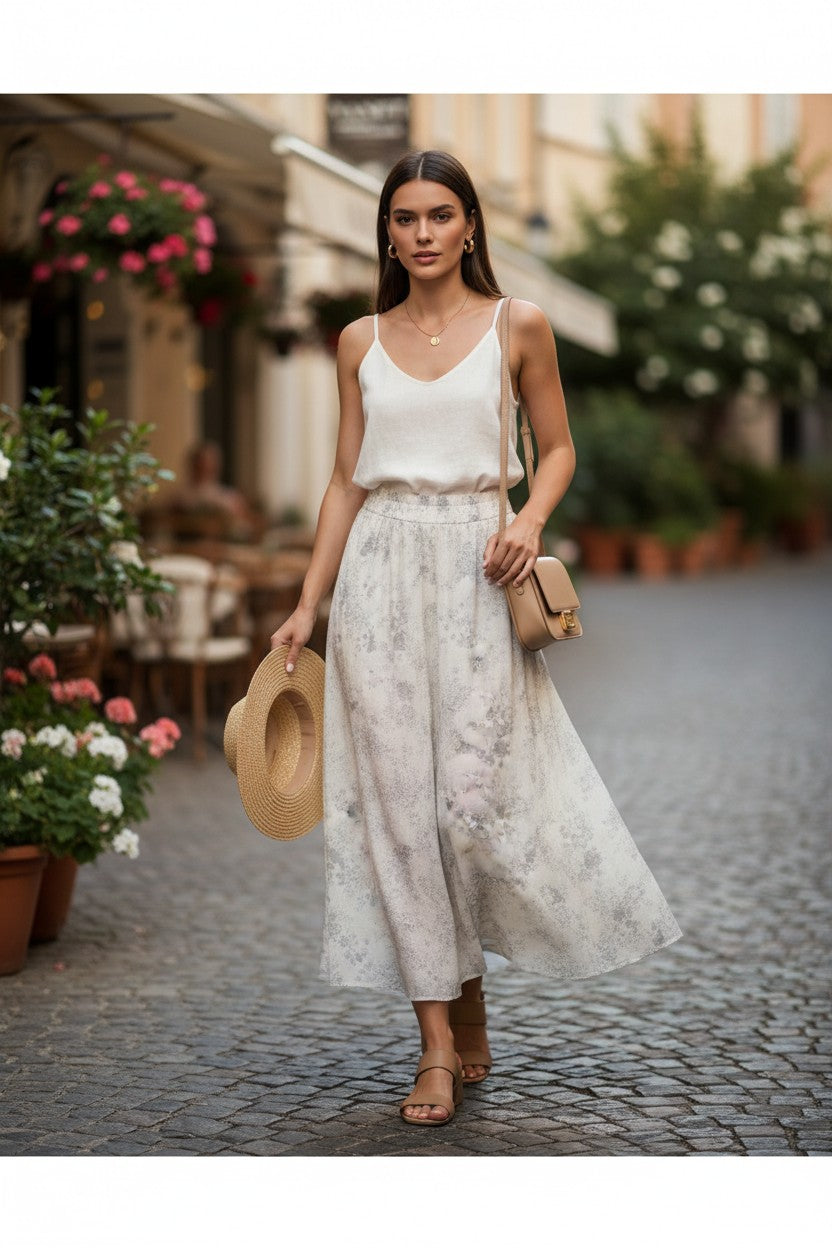 Yanet Collection Shop cream floral print maxi skirt worn by a woman with a white tank top and straw hat on a street
