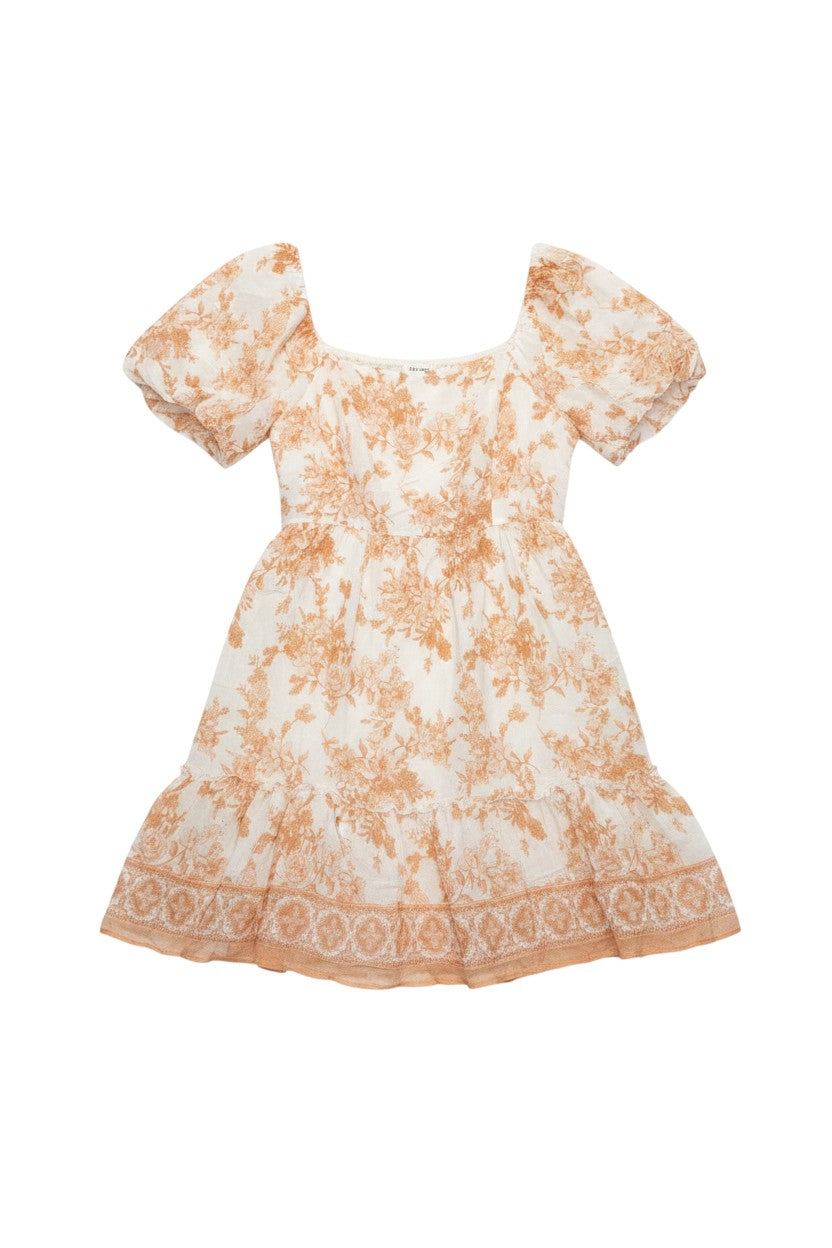 Yanet Collection Shop cream floral print mini dress with puff sleeves and a ruffled hem in lightweight fabric.