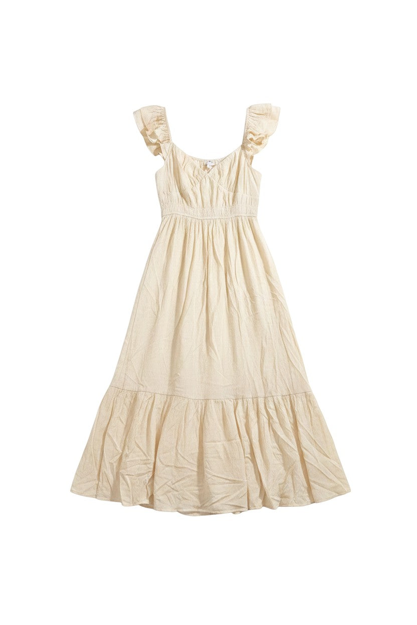 Yanet Collection Shop cream maxi dress with flutter sleeves, textured fabric, and a ruffled hem in a relaxed fit.