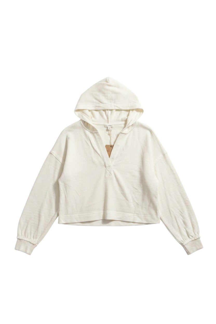 Yanet Collection Shop cream hooded pullover sweatshirt with a relaxed fit, v-neckline, and long sleeves.
