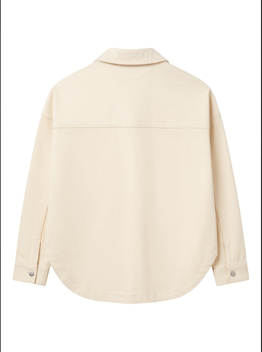 Back view of a cream-colored Yanet Collection Shop jacket featuring a classic collar and curved hemline.