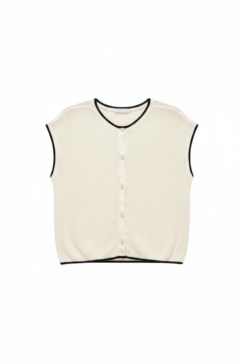 Yanet Collection Shop cream knit top with short sleeves, button front, and black trim detail on a white background.