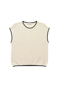 Yanet Collection Shop cream knit sleeveless top with black trim detail on the neckline, armholes, and hem.