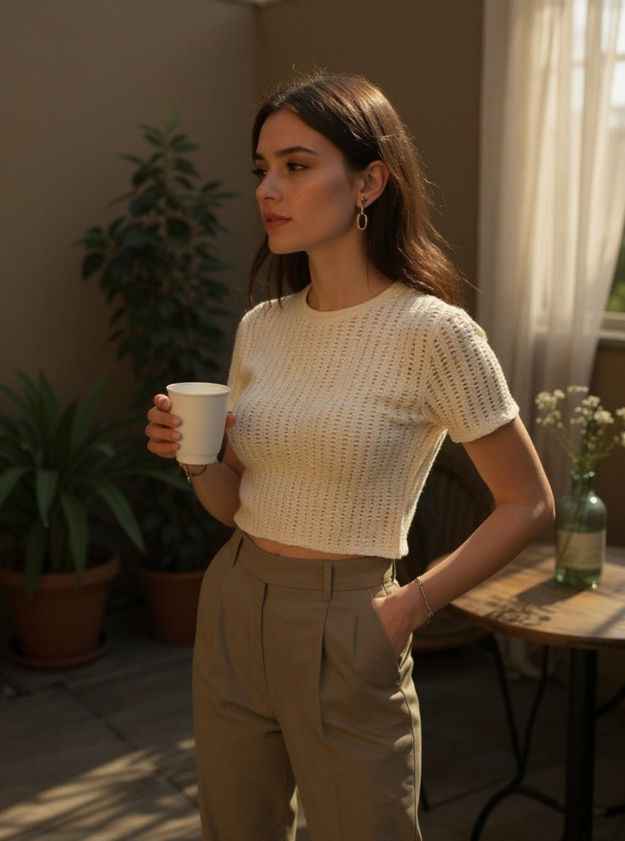 Yanet Collection Shop cream short-sleeve knit top worn by a woman with brown hair in a sunlit room