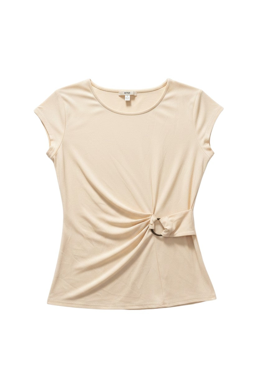 Yanet Collection Shop cream short sleeve top with a stylish side knot detail and soft stretchable fabric.