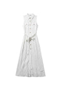 Yanet Collection Shop cream sleeveless button-up maxi dress with a tie waist and functional pockets.