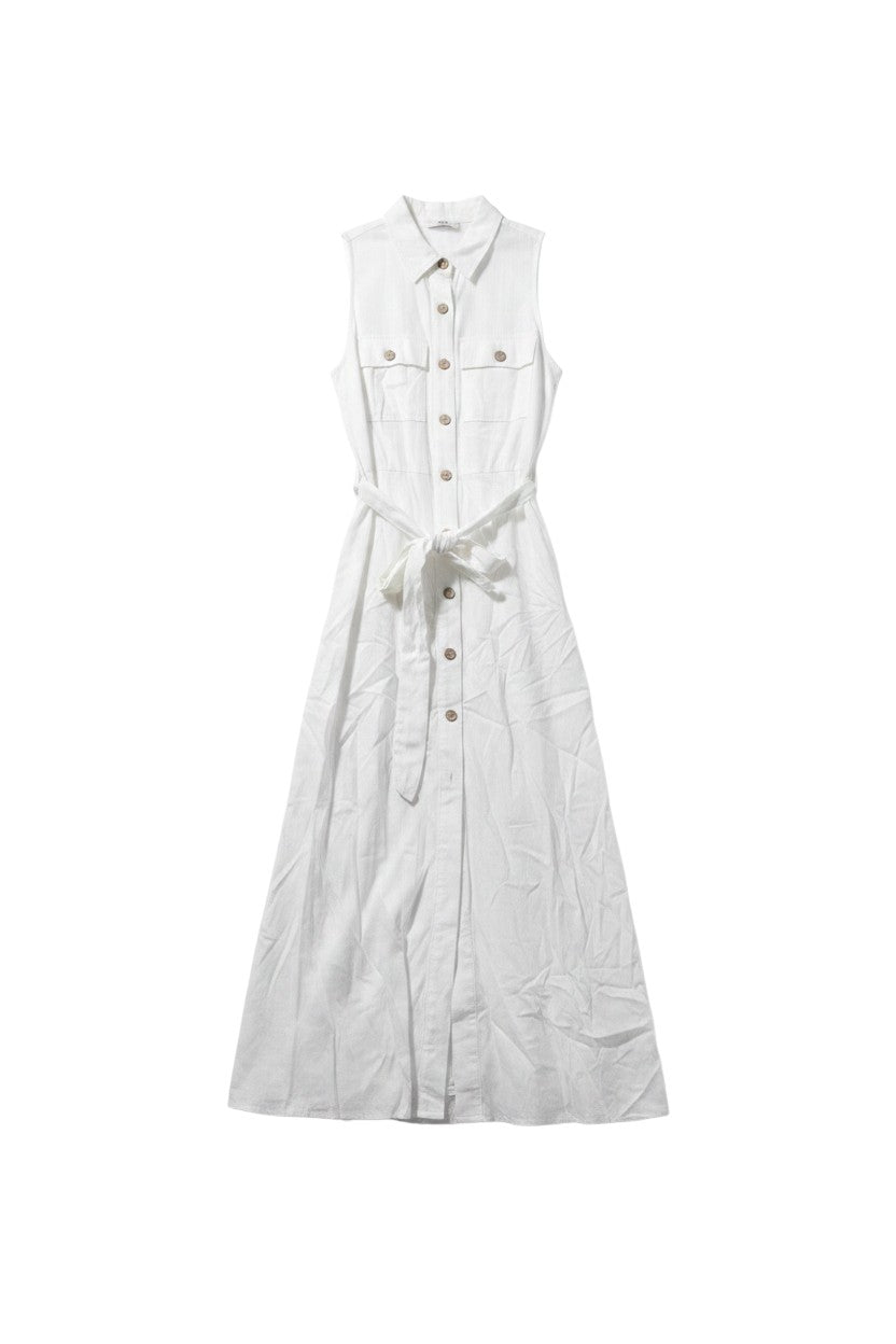 Yanet Collection Shop cream sleeveless button-up maxi dress with a tie waist and functional pockets.