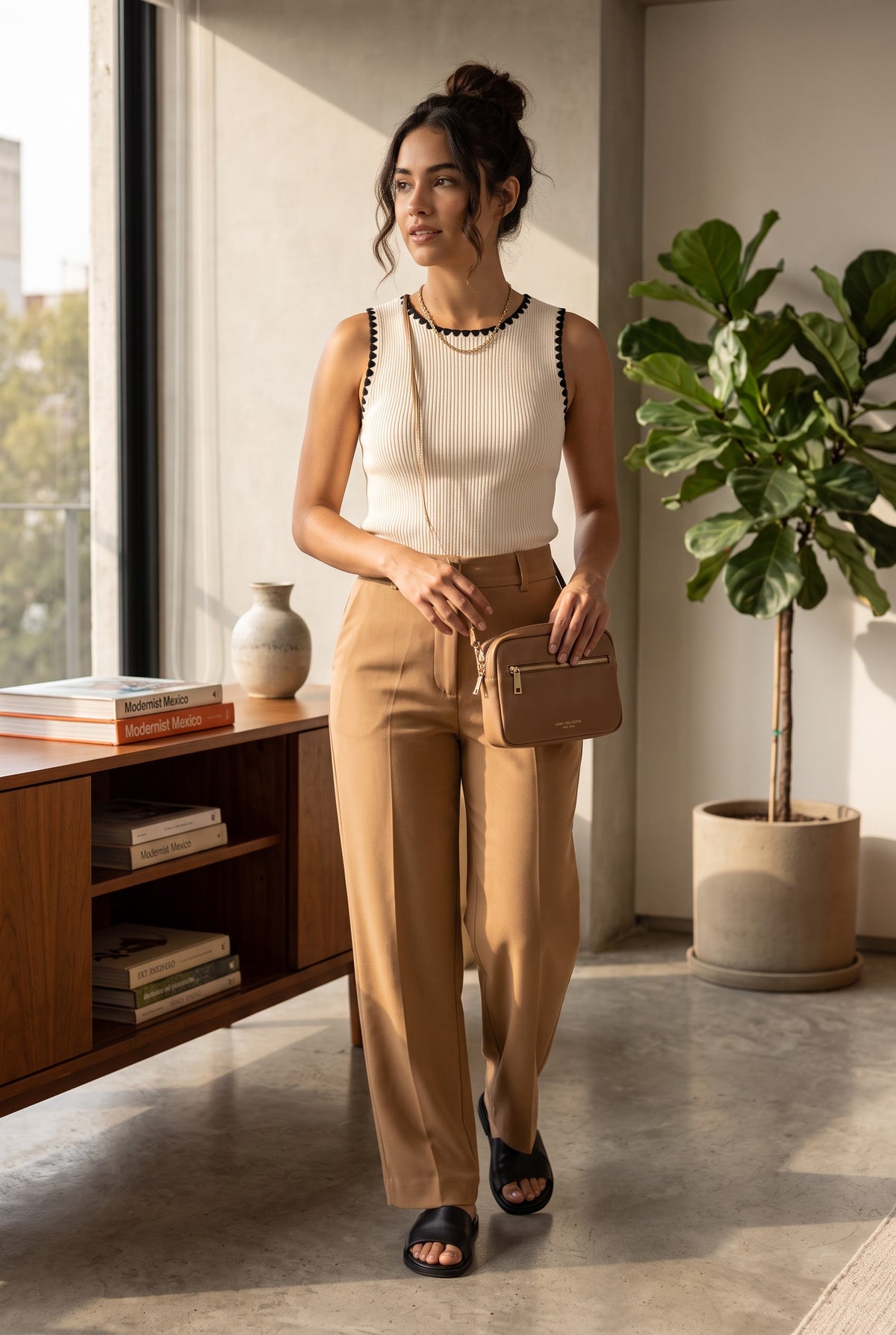 Yanet Collection Shop cream ribbed sleeveless crop top with black trim worn by a woman with tan trousers and sandals