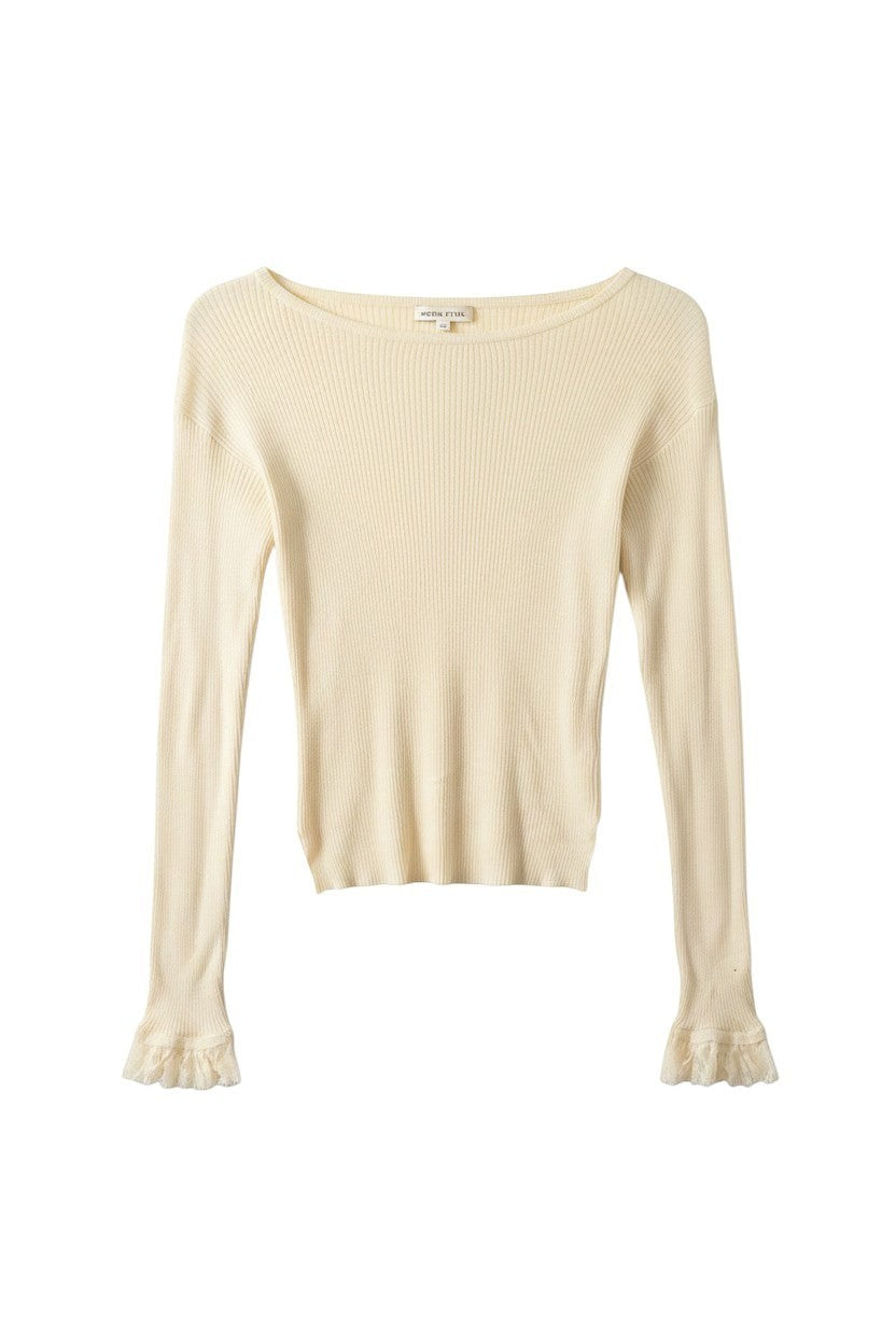 Yanet Collection Shop cream ribbed long sleeve top with delicate lace-trimmed frayed cuffs and a boat neckline