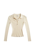 Yanet Collection Shop cream long sleeve polo top with a ribbed texture, classic collar, and gold button detail.