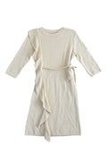 Yanet Collection Shop cream long sleeve ribbed dress featuring a side ruffle detail and a matching waist tie.
