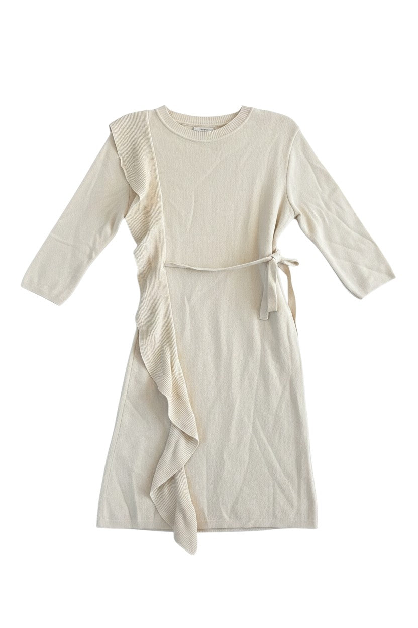 Yanet Collection Shop cream long sleeve ribbed dress featuring a side ruffle detail and a matching waist tie.