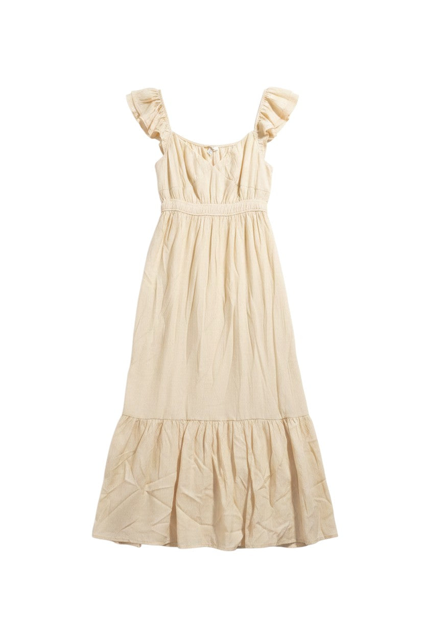 Yanet Collection Shop August sky cream midi dress with ruffled sleeves and a tiered skirt