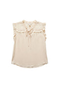 Yanet Collection Shop cream short sleeve blouse with ruffled shoulders and a delicate tie neckline in a relaxed fit.