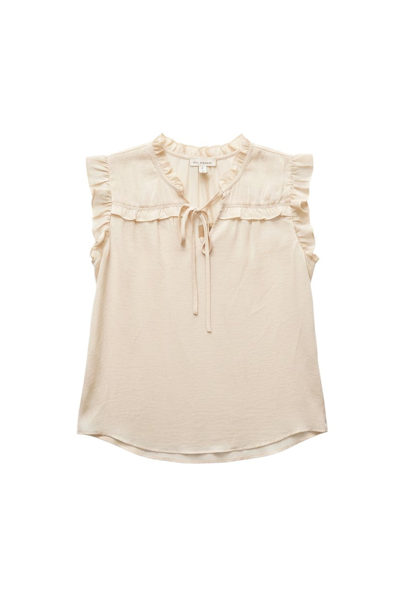 Yanet Collection Shop cream short sleeve blouse with ruffled shoulders and a delicate tie neckline in a relaxed fit.