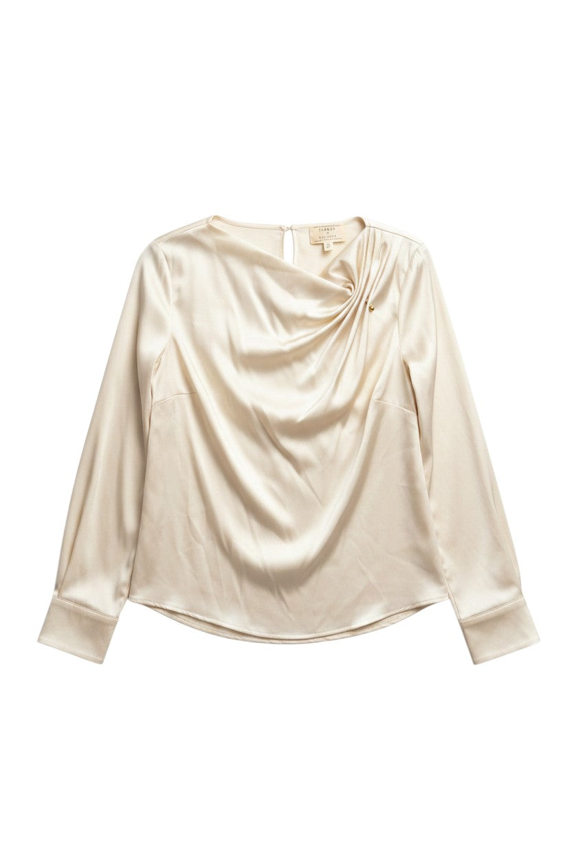Yanet Collection Shop cream satin long sleeve top with a draped cowl neckline and elegant button detail.