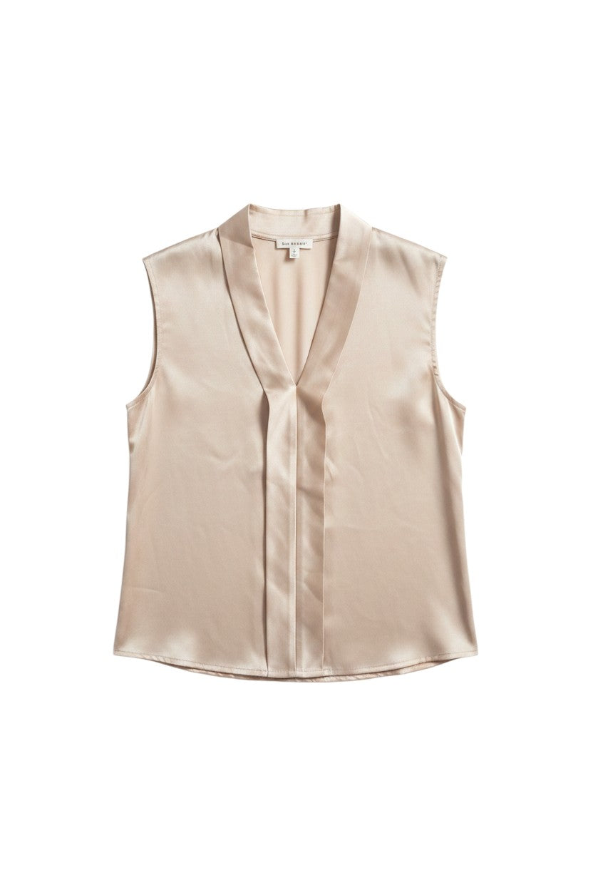 Yanet Collection Shop cream sleeveless button-up top with a smooth satin finish and elegant V-neckline.
