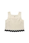Yanet Collection Shop cream sleeveless crop top with a square neckline and a contrasting black scalloped hem.