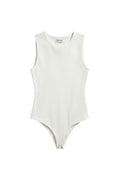 Yanet Collection Shop cream sleeveless bodysuit with a round neckline and snap closure in a smooth, fitted fabric.