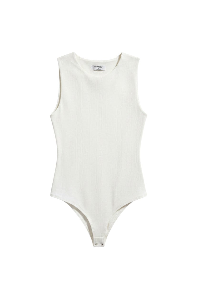 Yanet Collection Shop cream sleeveless bodysuit with a round neckline and snap closure in a smooth, fitted fabric.