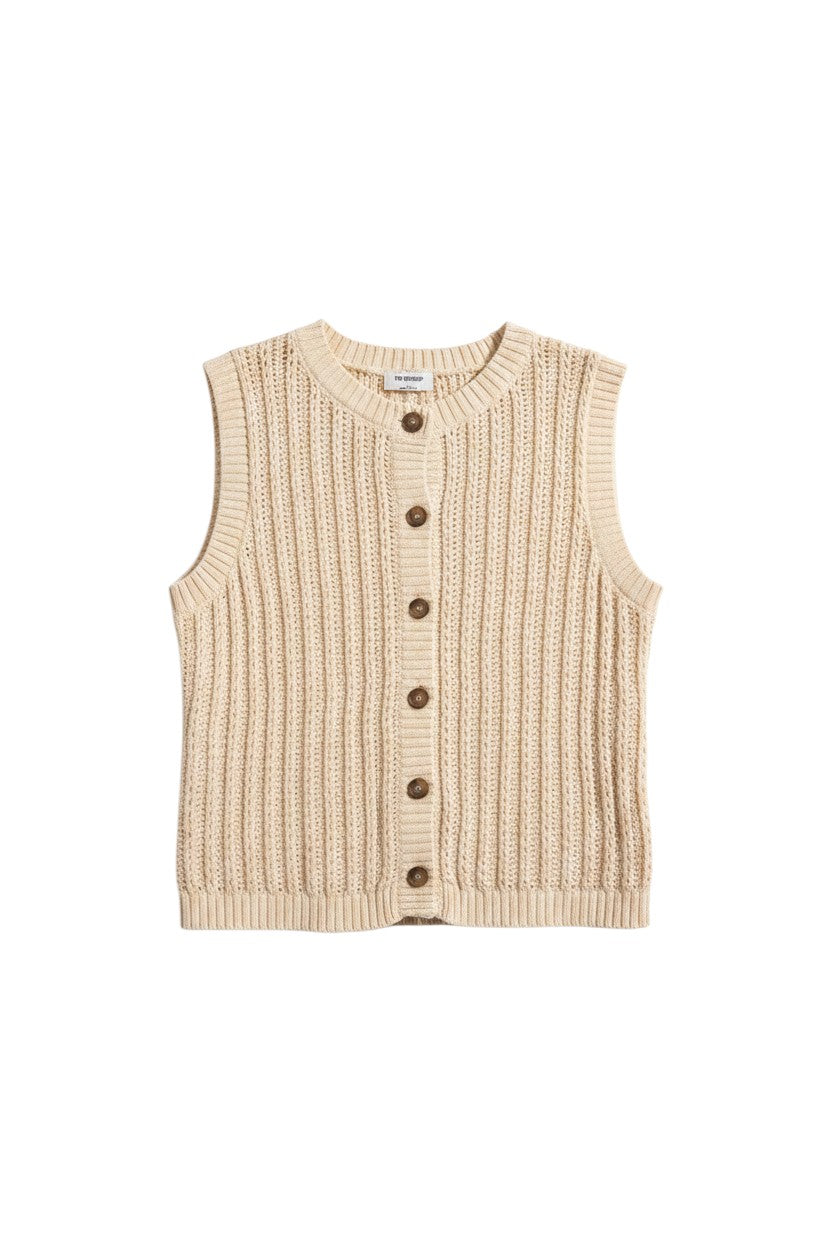 Yanet Collection Shop cream sleeveless knit cardigan with a button-down front and textured ribbed design.