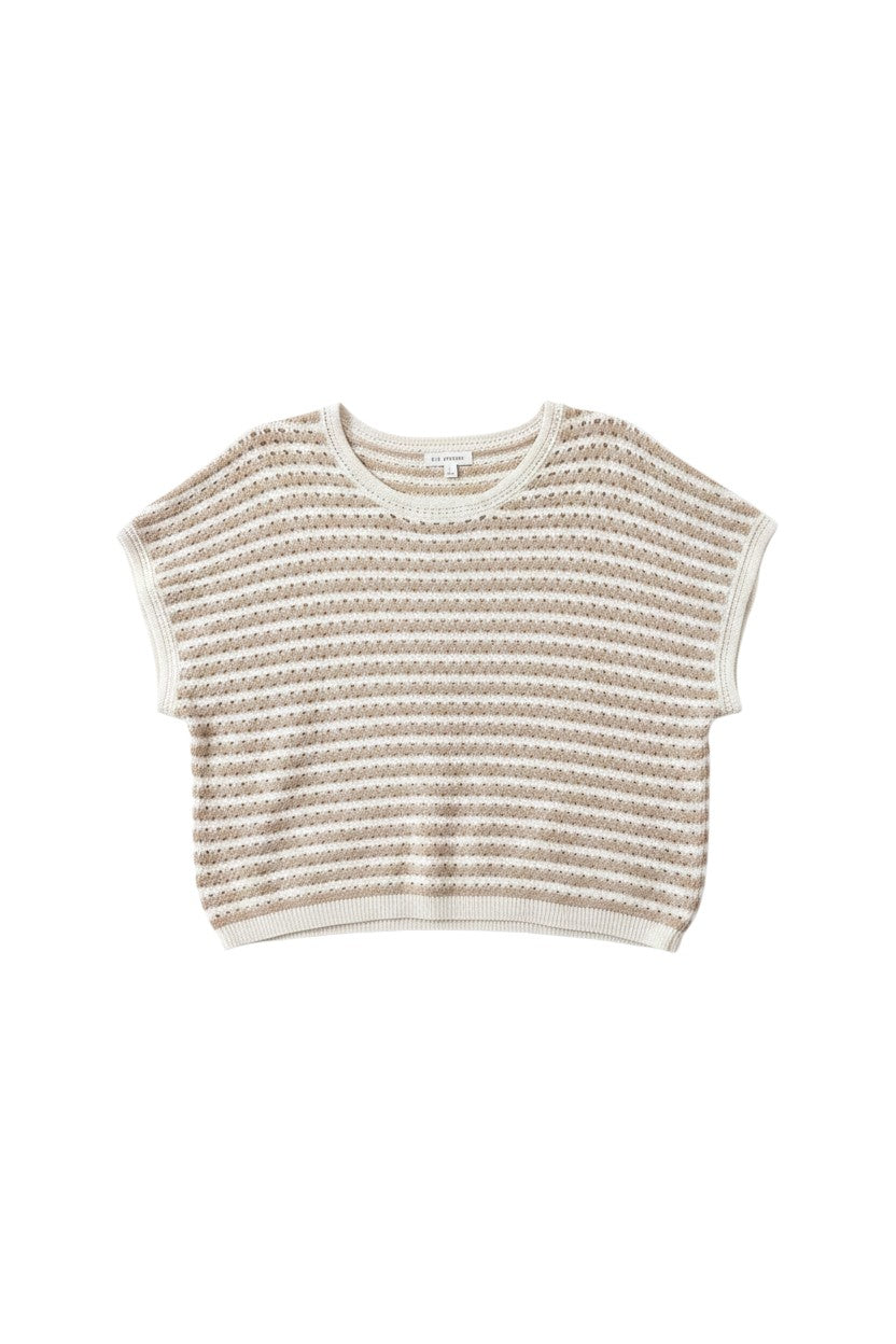 Yanet Collection Shop cream and beige striped short sleeve sweater with a relaxed open knit texture and cropped fit.