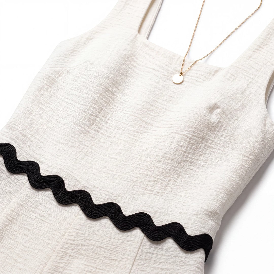 Yanet Collection Shop cream textured sleeveless crop top with square neckline and black scalloped trim detail
