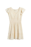 Yanet Collection Shop cream short dress with v-neckline, flutter sleeves, and a tiered skirt in textured fabric.