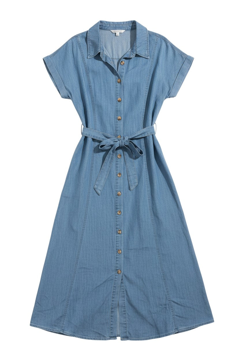 Yanet Collection Shop August sky light blue denim midi shirt dress with short sleeves, collar, and waist tie belt.