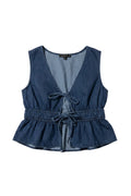 Yanet Collection Shop sleeveless denim peplum top with a deep v-neckline and front tie waist detail.