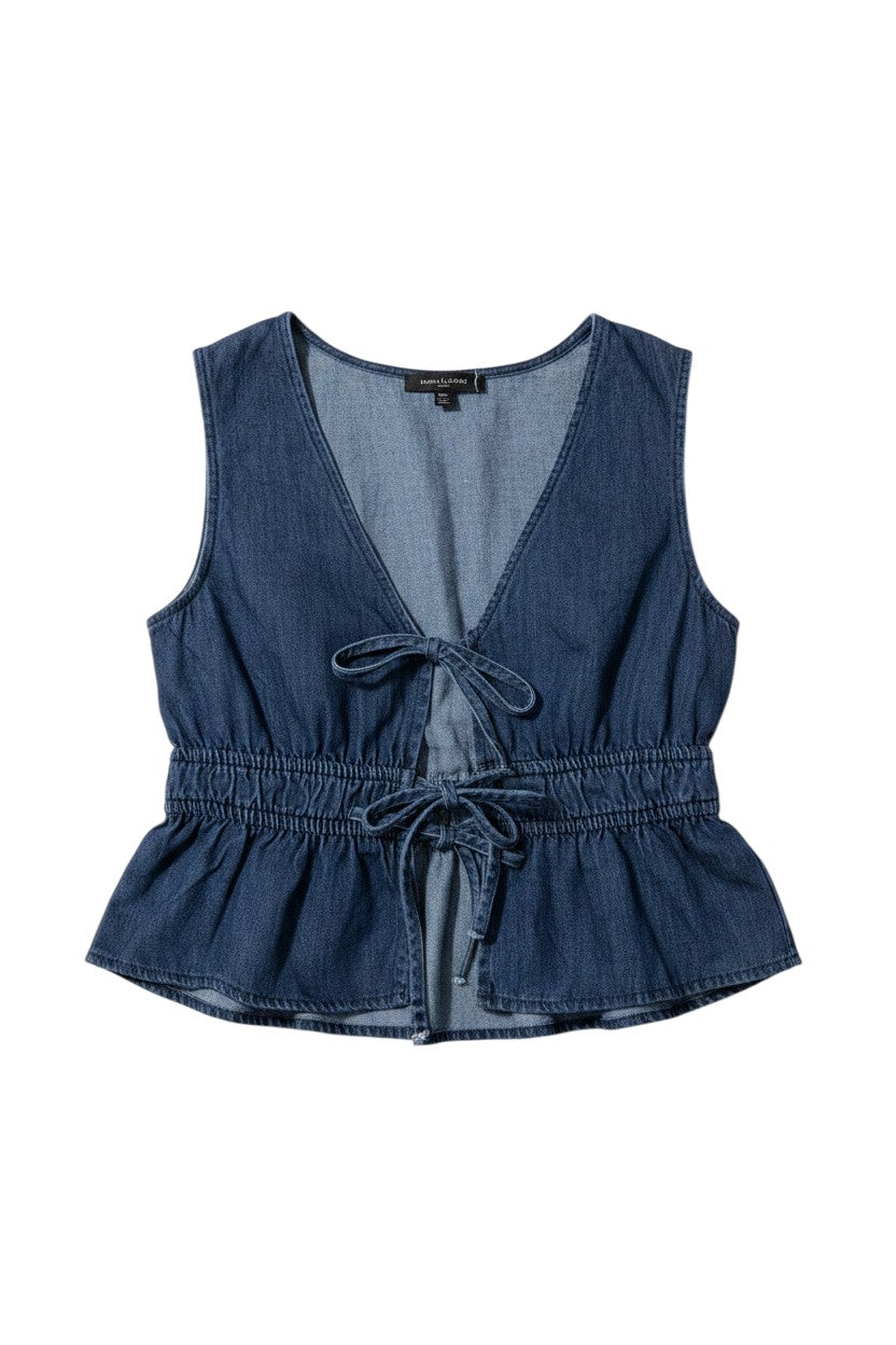 Yanet Collection Shop sleeveless denim peplum top with a deep v-neckline and front tie waist detail.