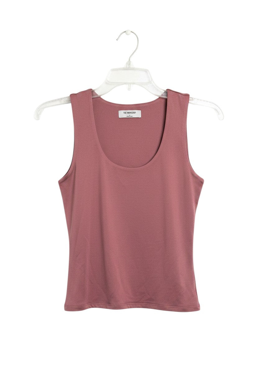 Yanet Collection Shop dusty pink sleeveless tank top with a scoop neckline and soft, stretchy fabric on a hanger.