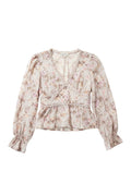 Yanet Collection Shop floral long sleeve V-neck blouse with delicate lace trim and gathered waist detail.