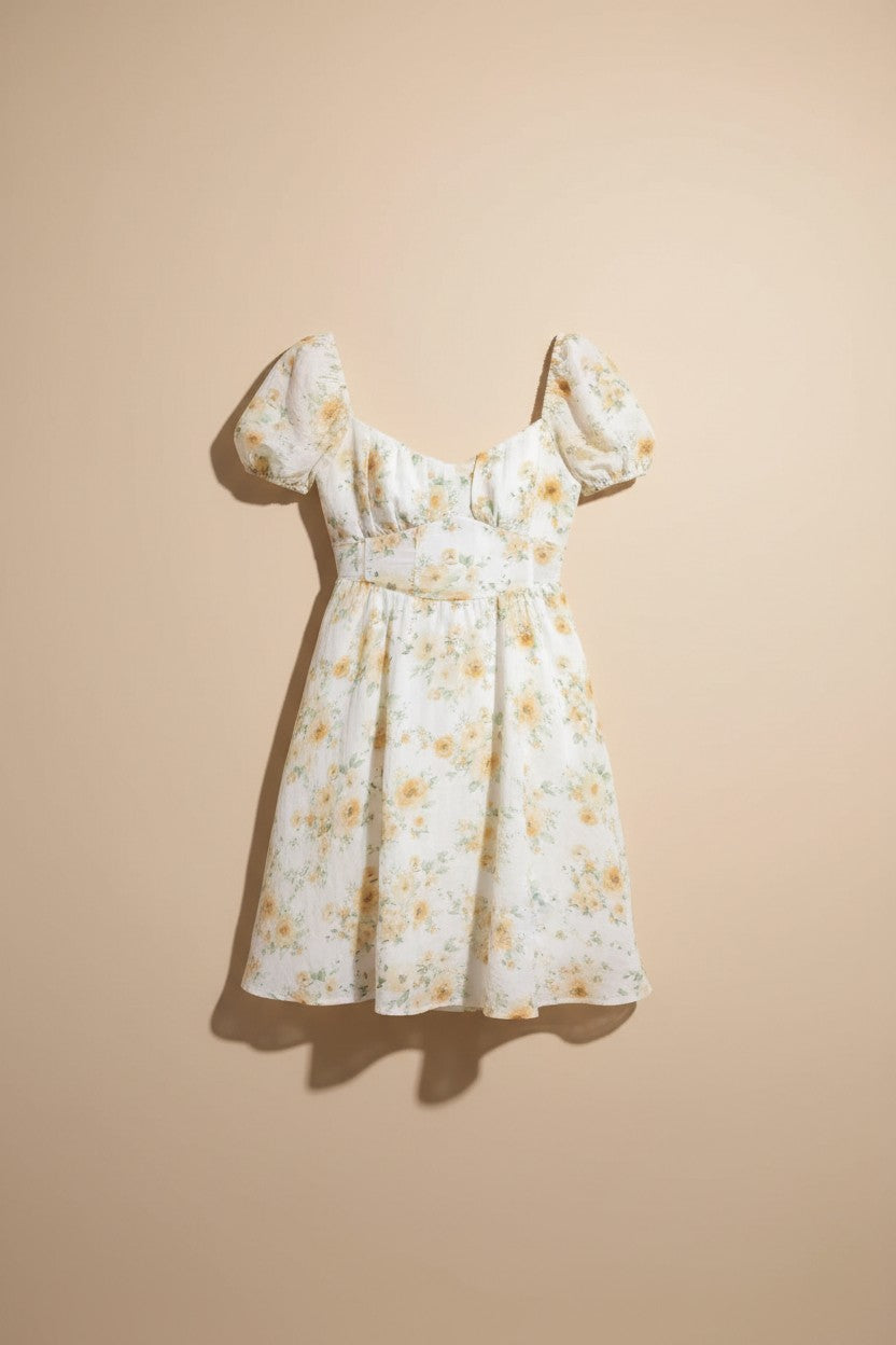 Yanet Collection Shop floral mini dress with short puff sleeves, square neckline, and fitted silhouette in white.