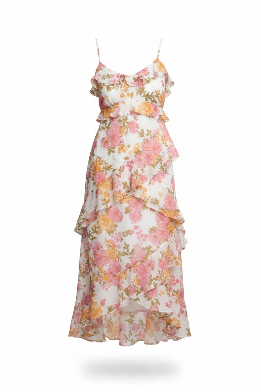 Yanet Collection Shop floral maxi dress with spaghetti straps, ruffle details, and a flowy high-low hemline.
