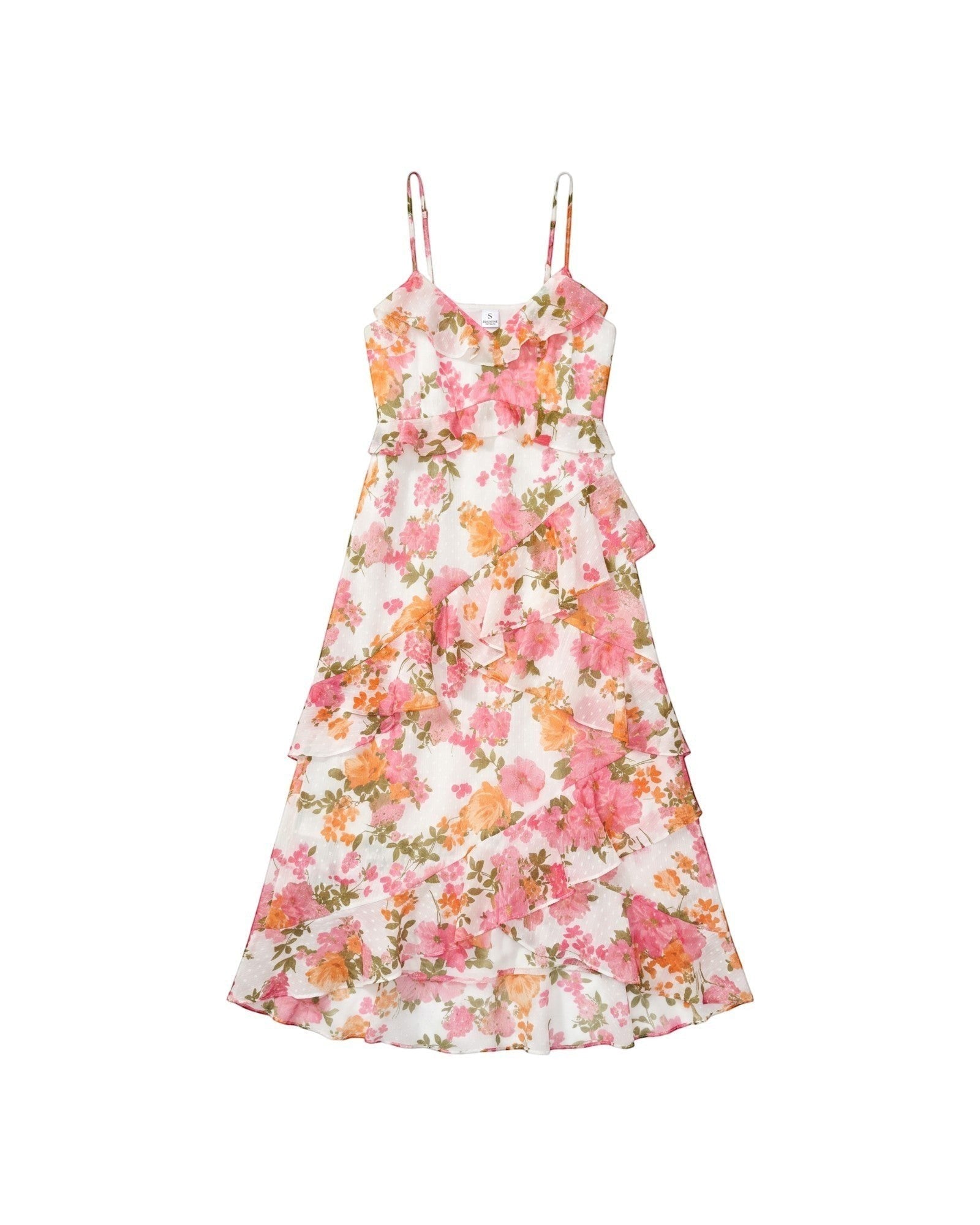 Yanet Collection Shop Moon River midi dress featuring a white base with pink and orange floral print and ruffled tiers.