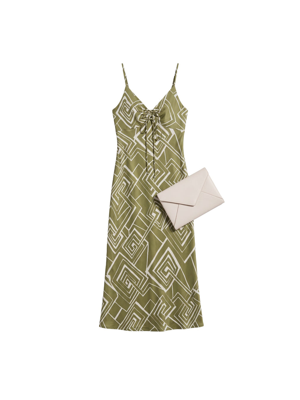 Yanet Collection Shop sage green maxi dress with white geometric print, V-neck, spaghetti straps, and drawstring front.