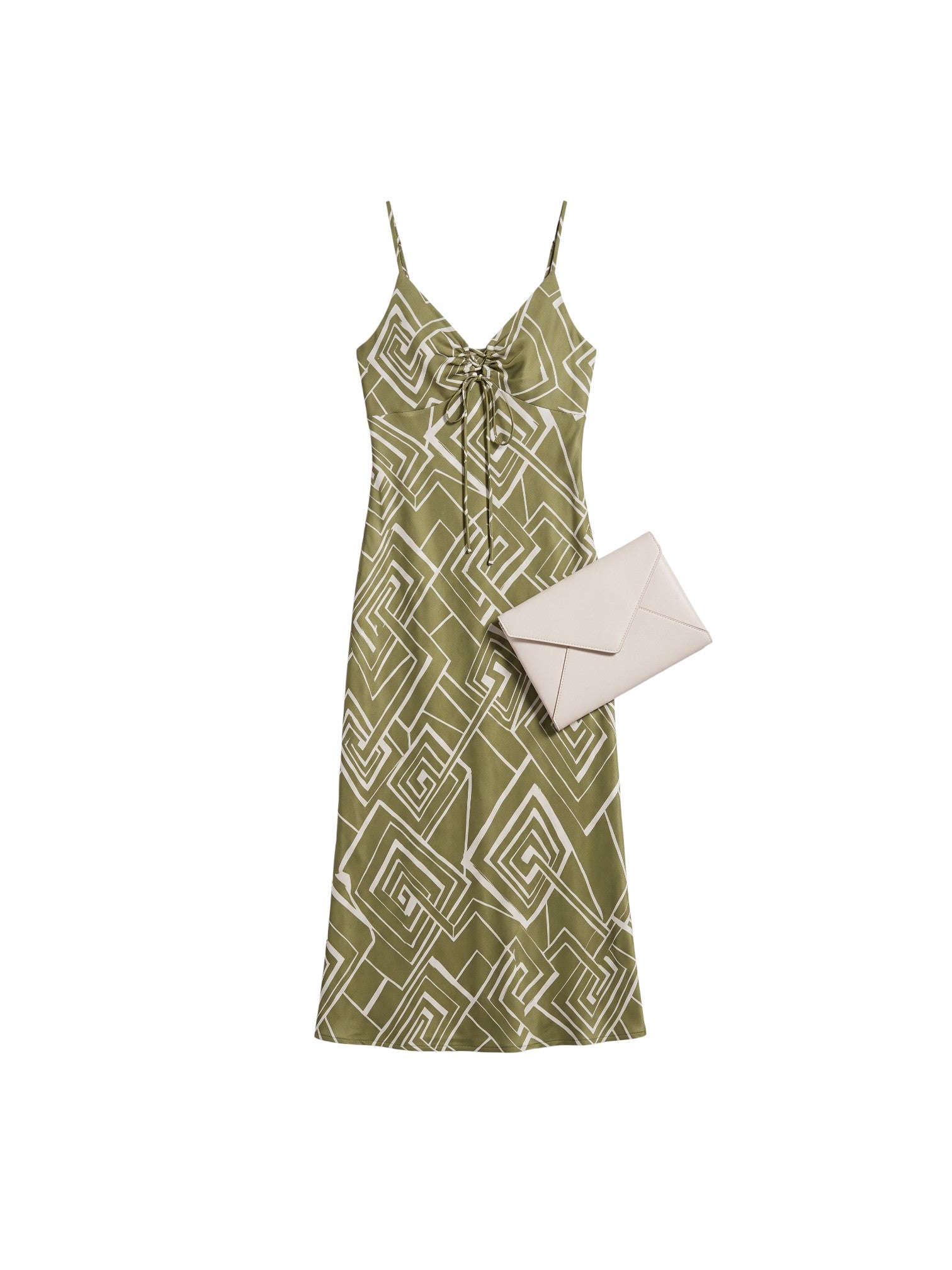Yanet Collection Shop sage green maxi dress with white geometric print, V-neck, spaghetti straps, and drawstring front.