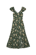 Yanet Collection Shop green floral maxi dress with short flutter sleeves, v-neckline, and a front leg slit.