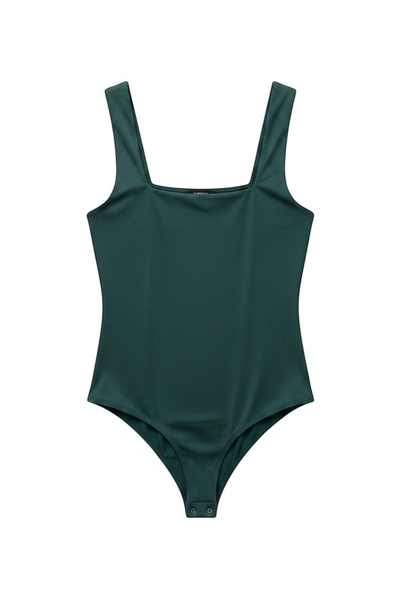 Yanet Collection Shop green sleeveless bodysuit with a square neckline and snap closure in a smooth fitted fabric
