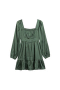 Yanet Collection Shop green long sleeve tiered blouse with a square neckline and soft satin-like fabric.