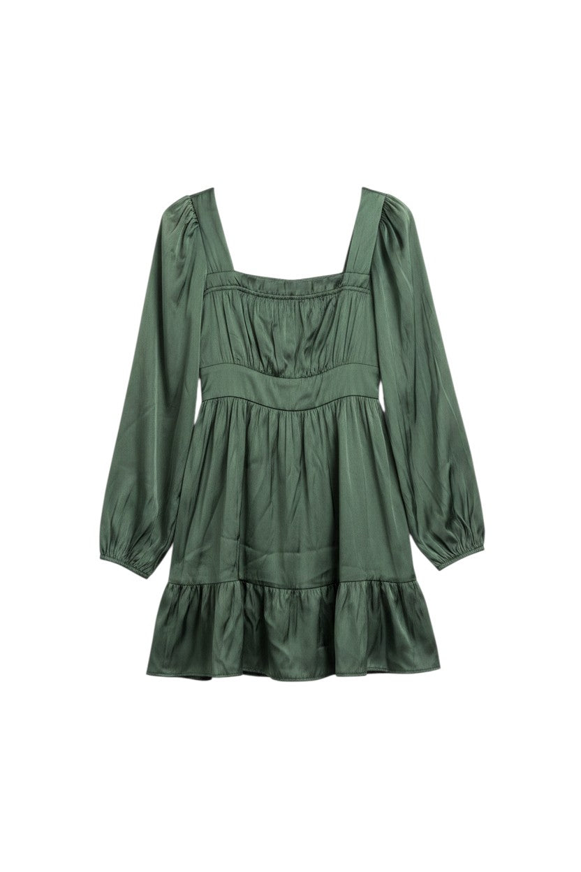 Yanet Collection Shop green long sleeve tiered blouse with a square neckline and soft satin-like fabric.