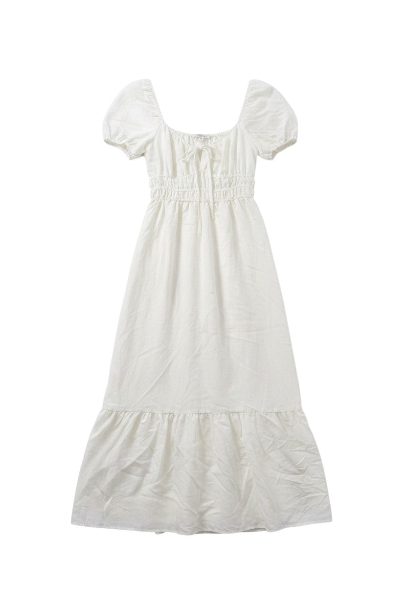 Yanet Collection Shop ivory maxi dress with puff sleeves, smocked bodice, square neckline, and ruffled hem.
