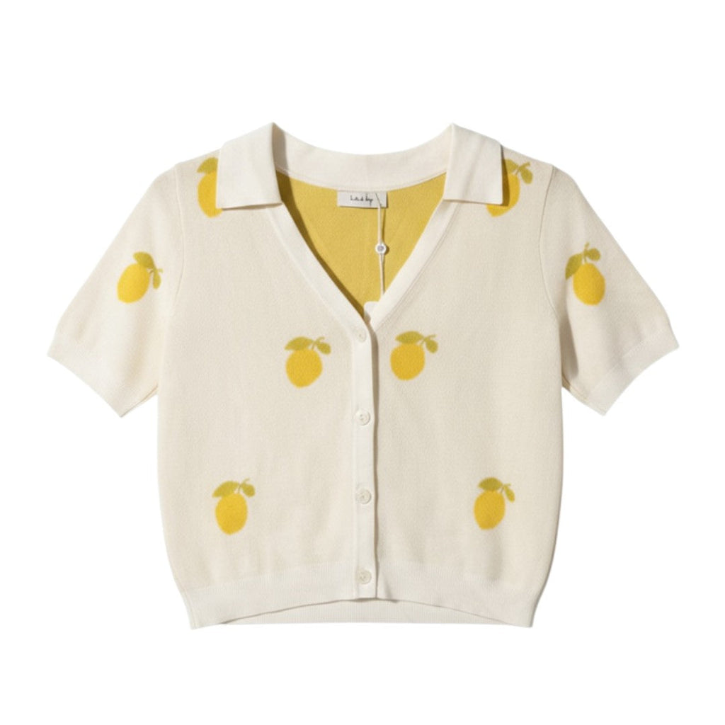 Yanet Collection Shop cream knit short-sleeve cardigan with a yellow lemon pattern and collared V-neckline
