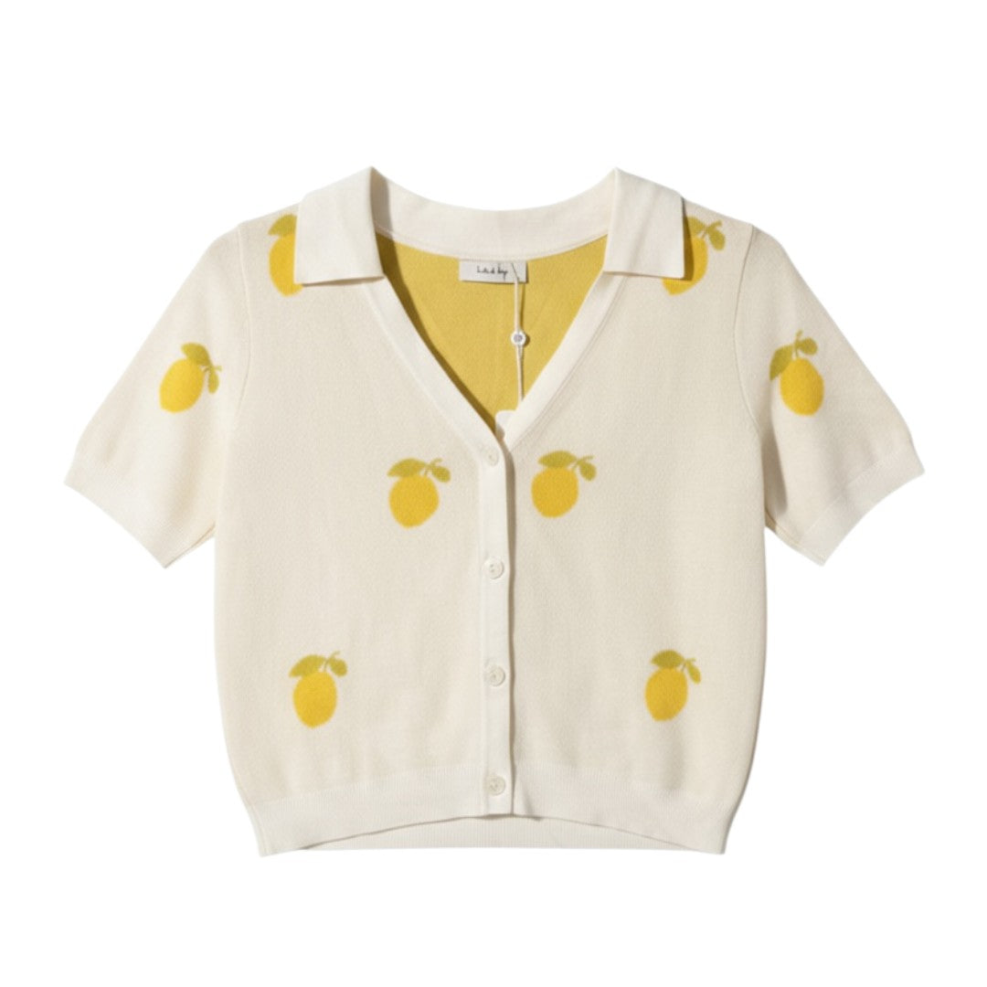 Yanet Collection Shop cream knit short-sleeve cardigan with a yellow lemon pattern and collared V-neckline