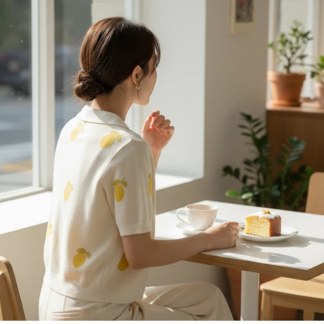 Yanet Collection Shop cream knit polo shirt with yellow lemon print worn by a woman sitting at a cafe table