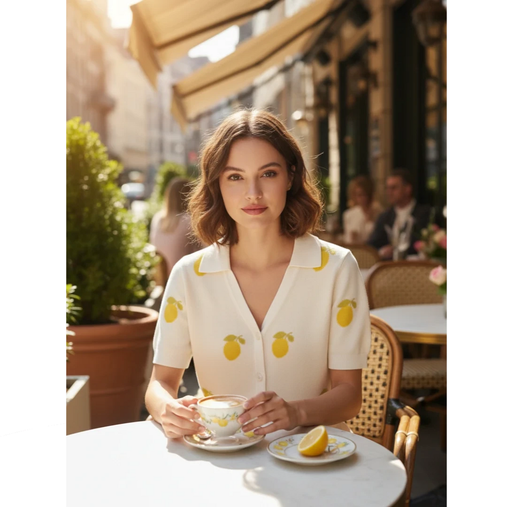 Woman wearing a Yanet Collection Shop white knit polo shirt with yellow lemon print at an outdoor cafe table