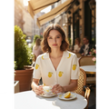 Woman wearing a Yanet Collection Shop white knit polo shirt with yellow lemon print at an outdoor cafe table