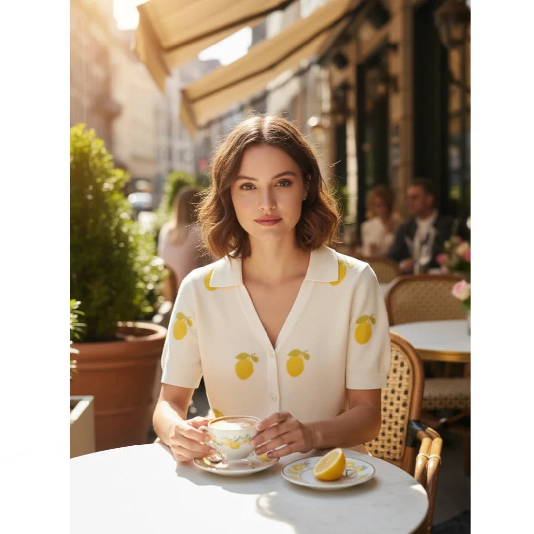 Woman wearing a Yanet Collection Shop white knit polo shirt with yellow lemon print at an outdoor cafe table