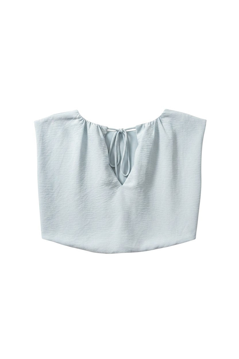 Yanet Collection Shop light blue short sleeve blouse with a gathered neckline and tie detail in lightweight fabric